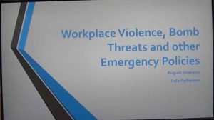 Title slide for presentation "Workplace Violence, Bomb Threats and other Emergency Policies"